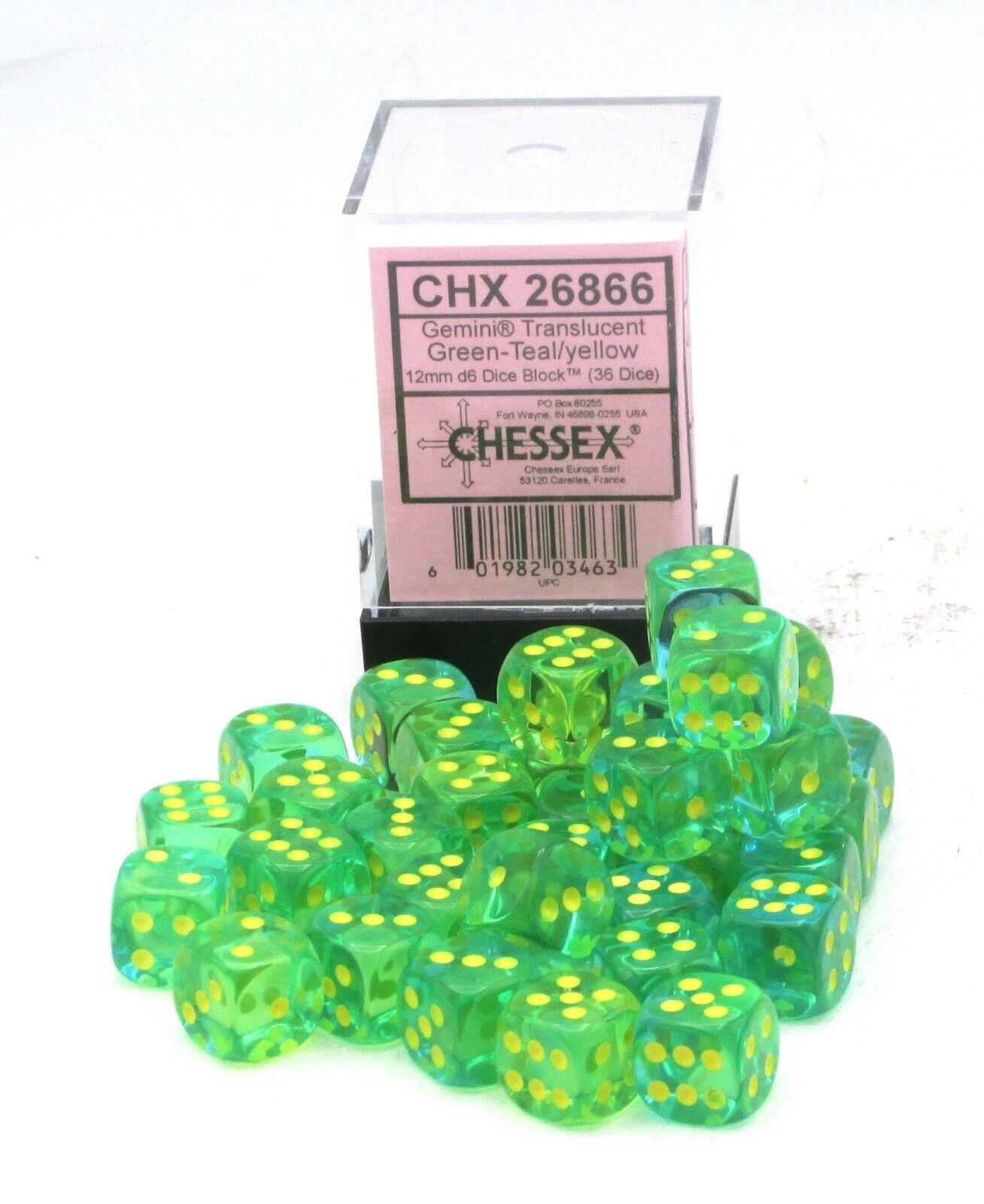 CHX 26866 Gemini 12mm d6 Translucent Green-Teal/Yellow Block (36)